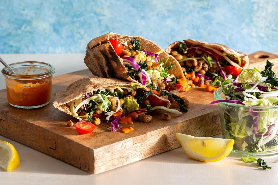 Black-eyed pea pitas with crunchy salad and red pepper baba ganoush