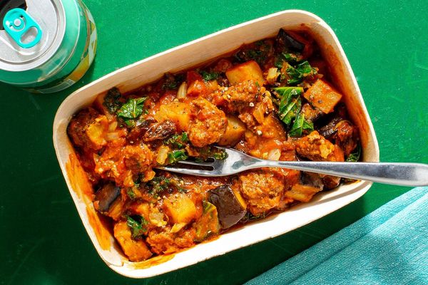 Moroccan lamb tagine with eggplant, fire-roasted tomatoes, and raisins