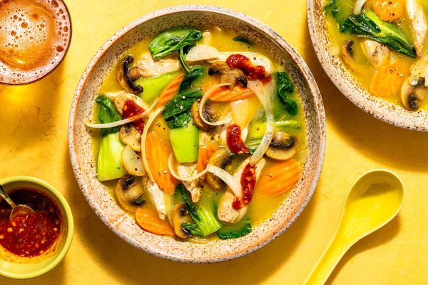 Lemongrass chicken soup with bok choy and mushrooms