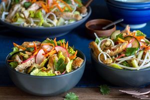 Vietnamese chicken salad bowls with pickled vegetables and nuoc cham