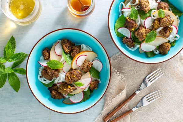 Lemongrass-turkey salad with rice noodles and pear