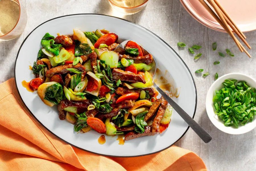 Asian stir-fry with bok choy, carrots, and umami glaze