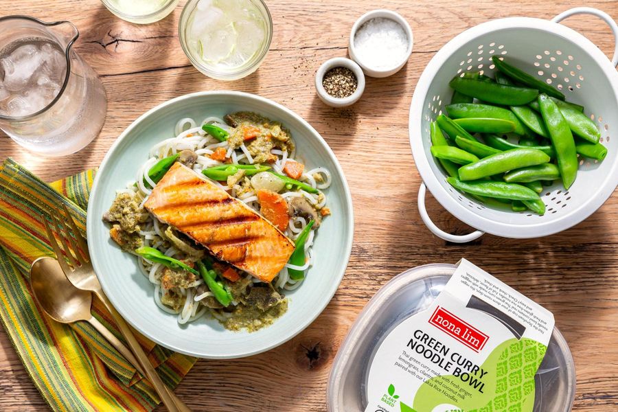 Green Curry Noodle Bowls with Salmon and Snap Peas