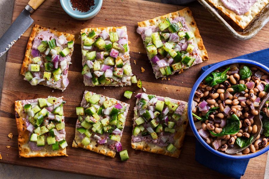 Creamy feta and cucumber flatbreads with Cypriot black-eyed peas