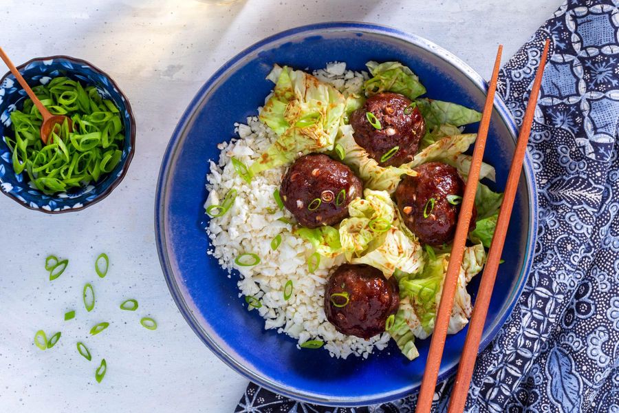 Shanghainese meatballs with cabbage and char siu sauce over cauliflower “rice”