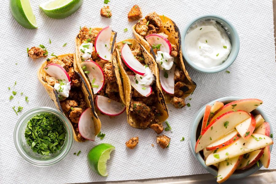 Tofu mole poblano tacos with radishes and apple salad