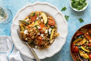 Fusilli with charred corn, cherry tomatoes, and ricotta salata