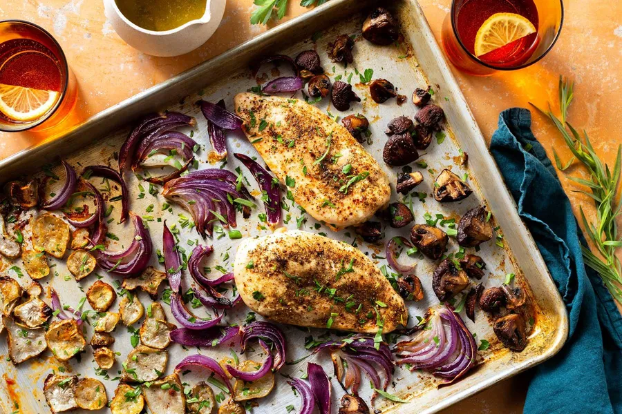 Sheet pan–roasted chicken and sunchokes with bagna cauda