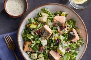 Salmon and arugula-barley salad with apple and dried cherries Also available with halibut and snapper