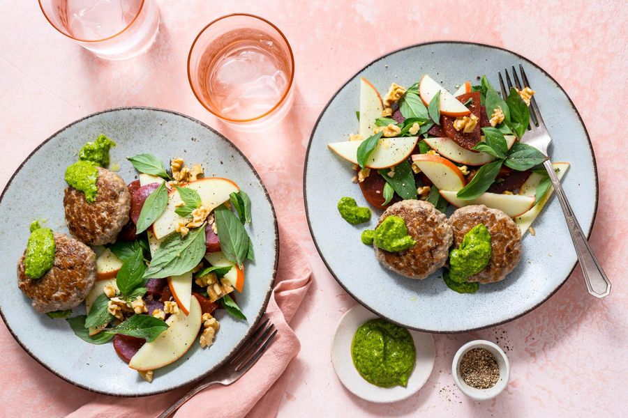 Seven-spice turkey patties with beet salad and spicy green harissa