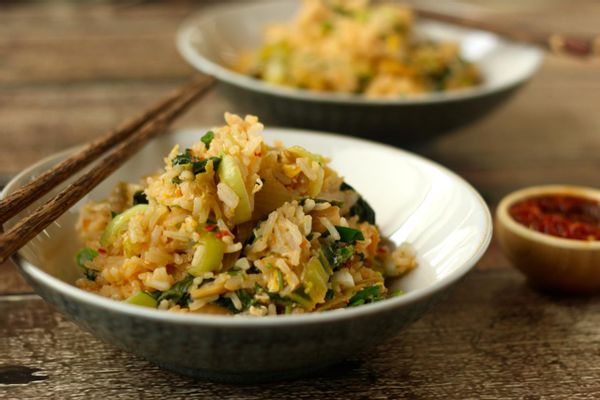 Kimchi fried rice with bok choy, scallions and cilantro