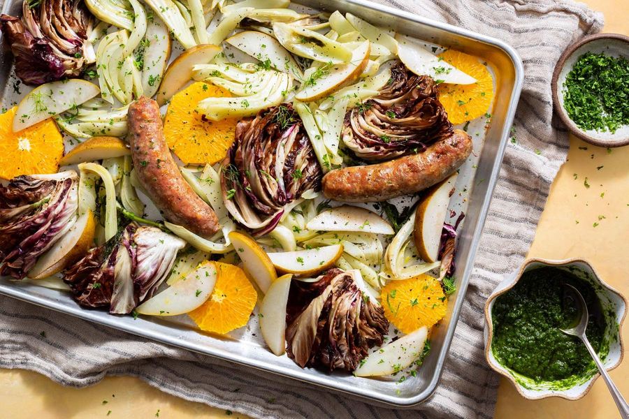 Sheet pan–roasted Italian sausages with radicchio, fennel, and pear