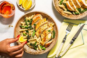 Mediterranean chicken over fresh cavatelli and asparagus