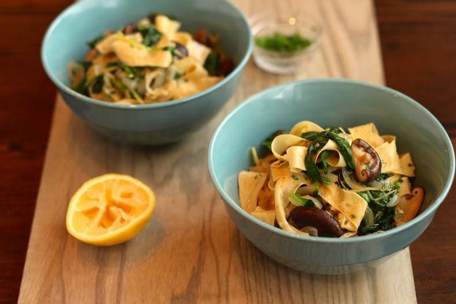 Yuba noodles with shiitake mushrooms & greens