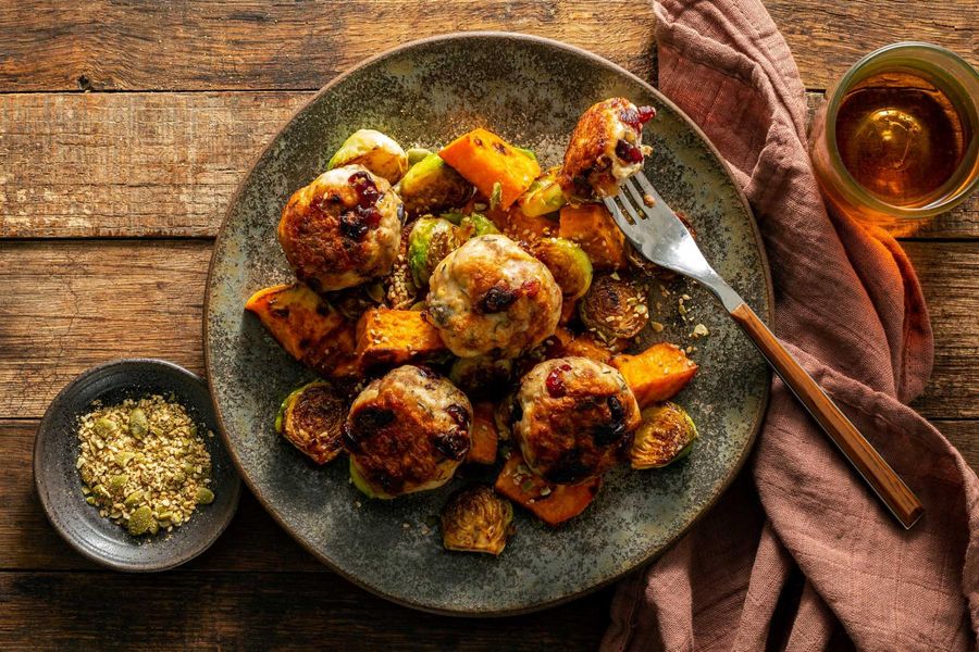 Turkey-cranberry meatballs with roasted Brussels sprouts and sweet potato