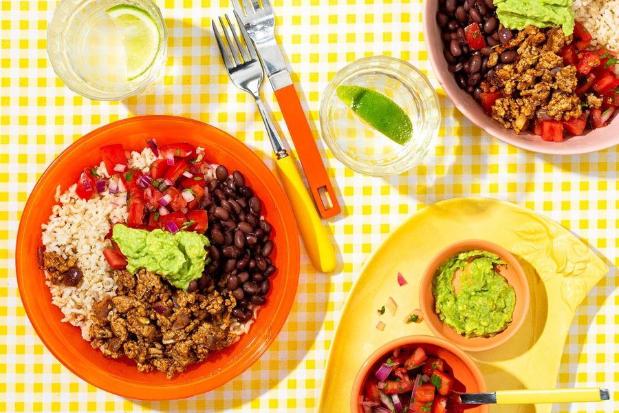 Taco bowls with brown rice, black beans, and pico de gallo