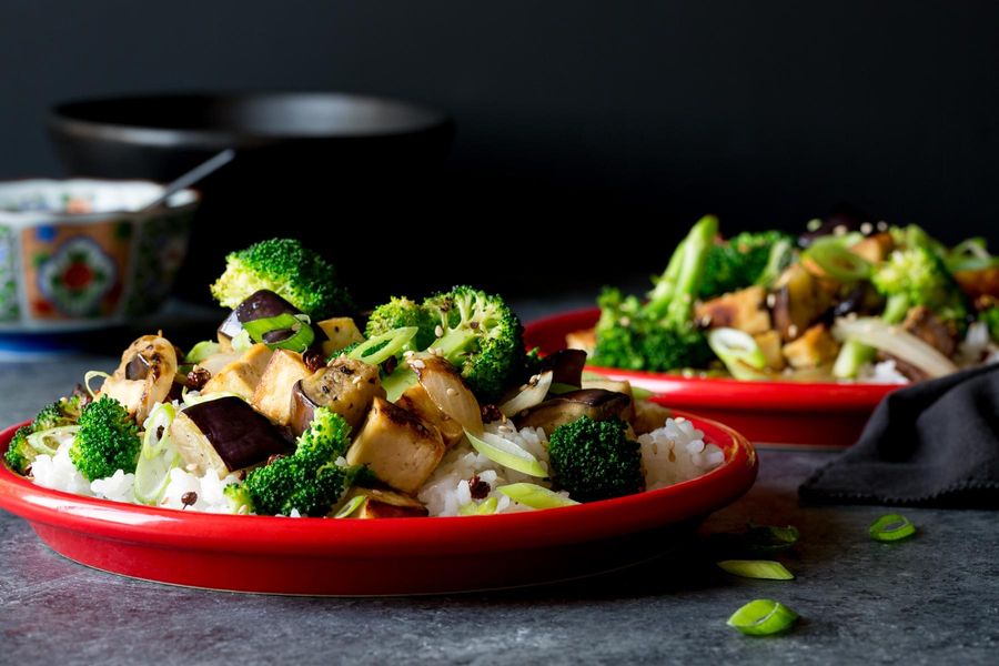 Sichuan tofu and eggplant stir-fry with broccoli and jasmine rice