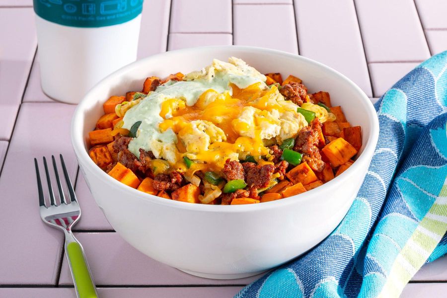 Chorizo and sweet potato scramble with cheddar and chile-lime yogurt