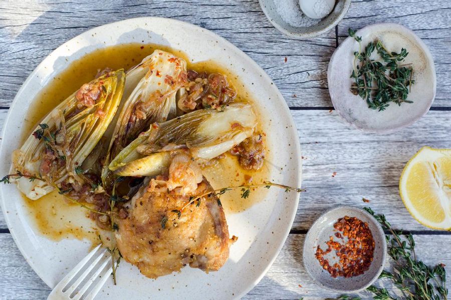 Roasted chicken with braised endive and pancetta 