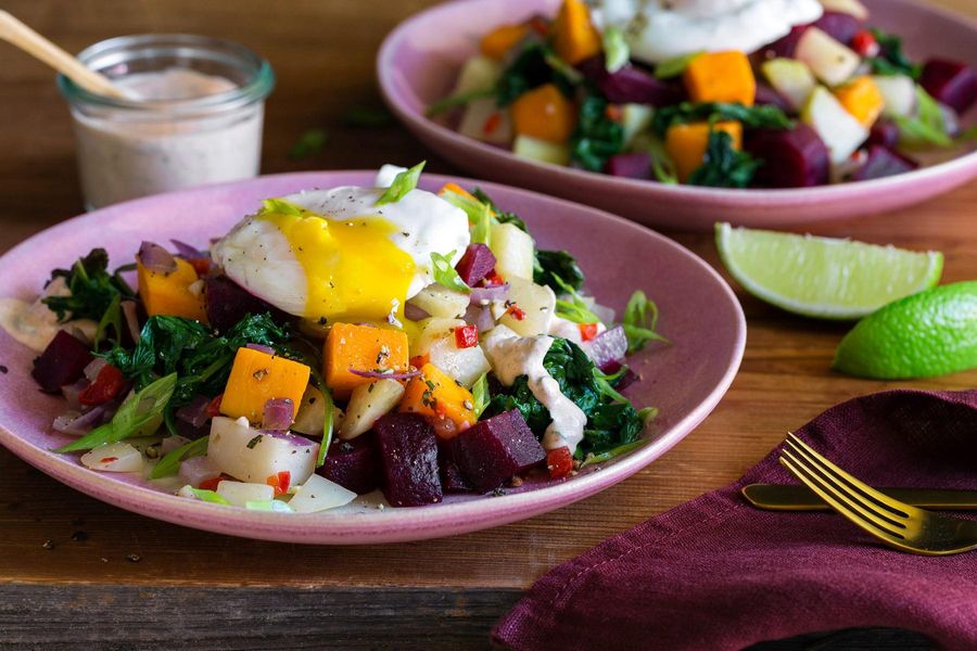 Beet and butternut squash hash with poached eggs and spiced yogurt