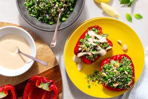 Stuffed bell peppers with quinoa tabbouleh and tahini-yogurt dressing