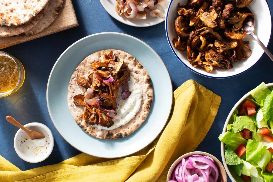 Middle Eastern wraps with roasted mushrooms and tahini yogurt