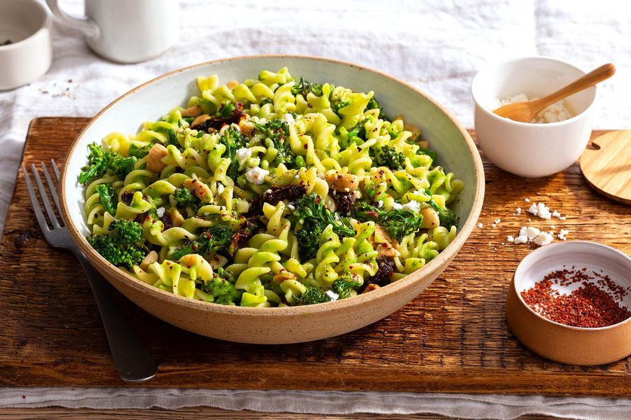 Fresh fusilli with broccoli rabe, ricotta salata, and sweet pea pistou