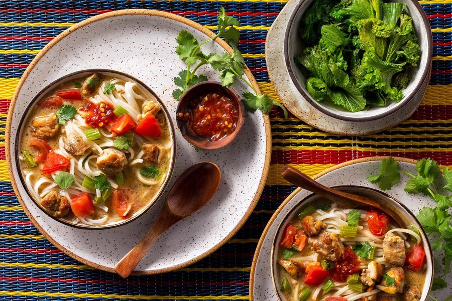 Burmese chicken noodle soup with pickled mustard greens