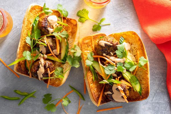 Lemongrass pork meatball banh mi with pickled vegetables