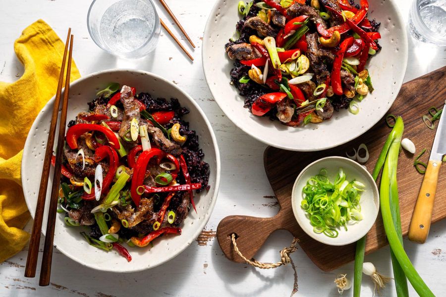 Gong Bao–style stir-fry with cashews and black rice