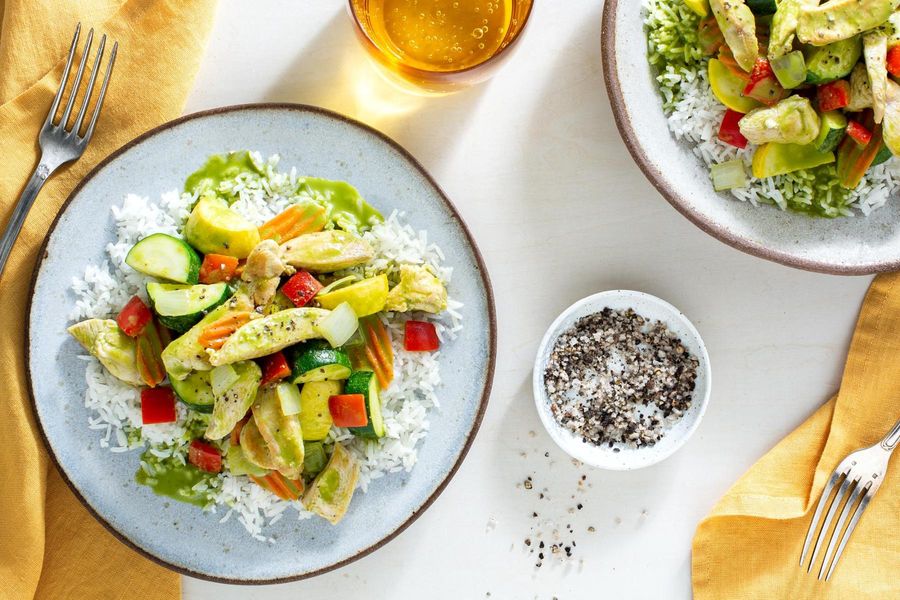 Spicy Thai green curry with zucchini, bell pepper, and jasmine rice