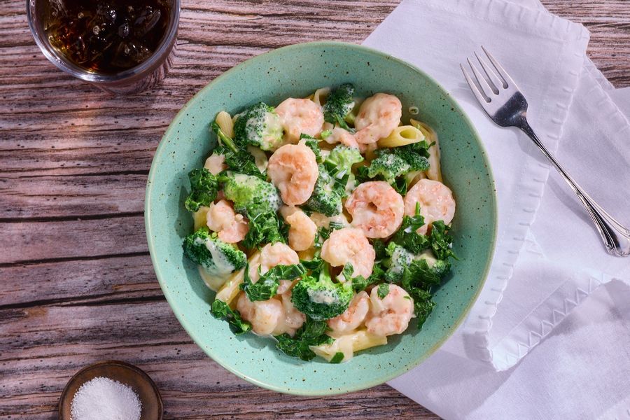 Shrimp Scampi with penne pasta and broccoli