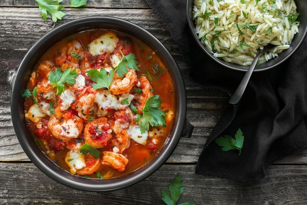 Baked shrimp with tomato, feta, orzo, and mint
