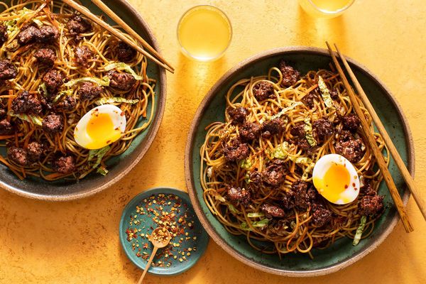 Pork lo mein with cabbage, black soybean sauce, and soft-cooked eggs