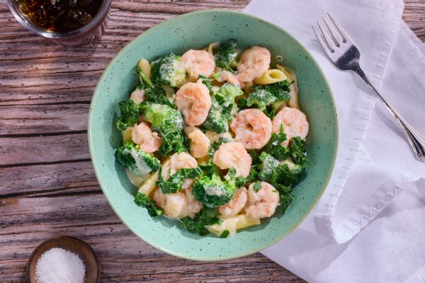 Shrimp Scampi with penne pasta and broccoli