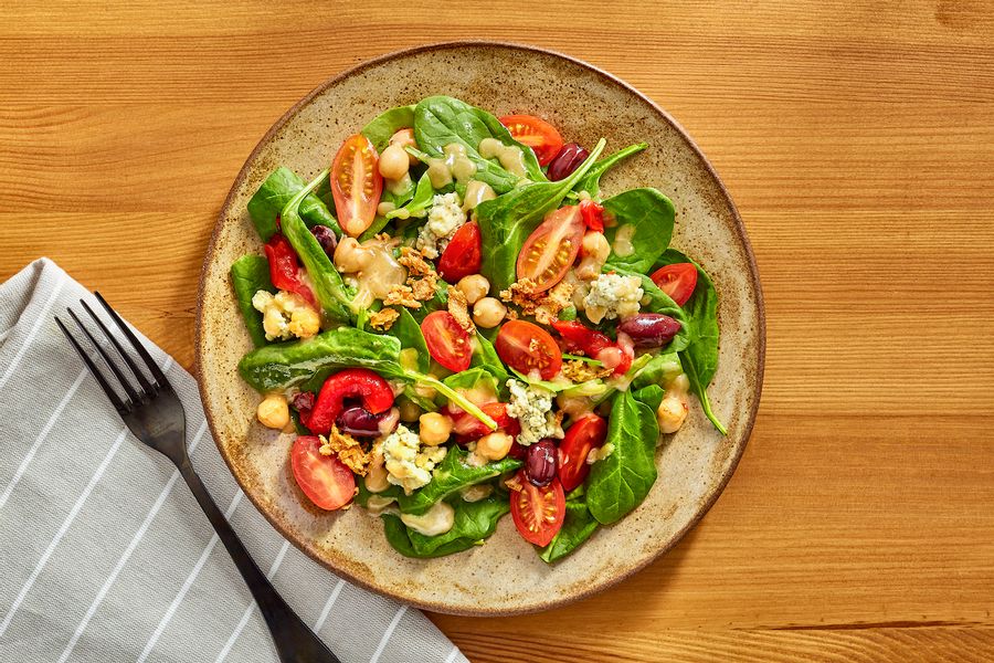 Hearty Spinach Salad with Roasted Red Peppers, Tomatoes, & Blue Cheese