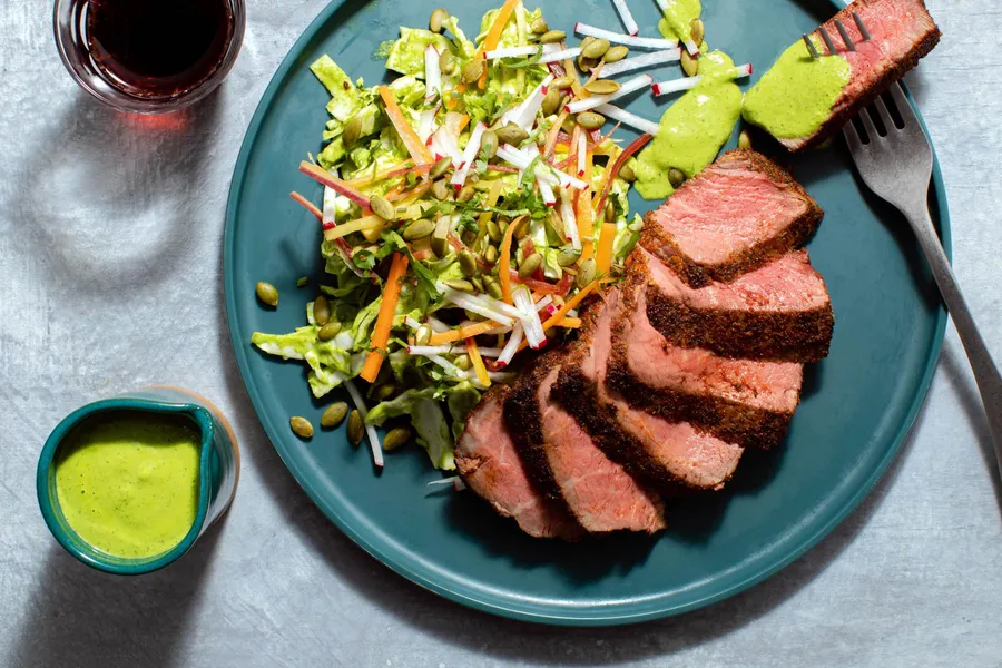 Montreal steaks with green goddess chopped salad