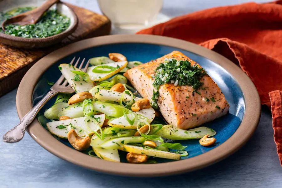 Salmon with cilantro-lime sauce and pear-cashew salad
