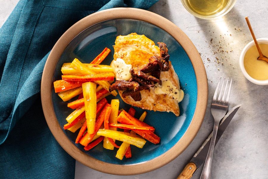 Chicken with shiitake "bacon," honey-mustard mayo, and root veggie fries