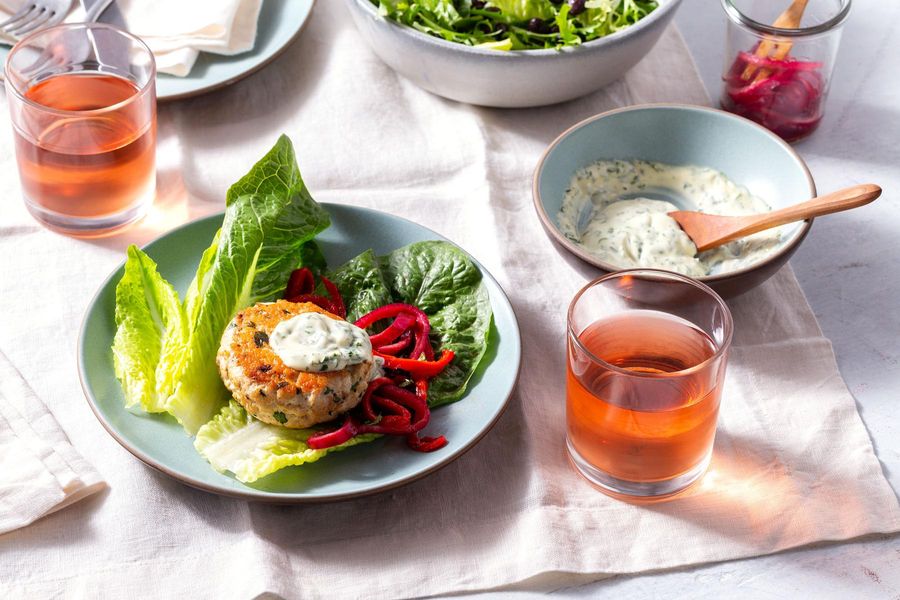 Lettuce-wrapped turkey sliders with lemon aioli and chicory salad