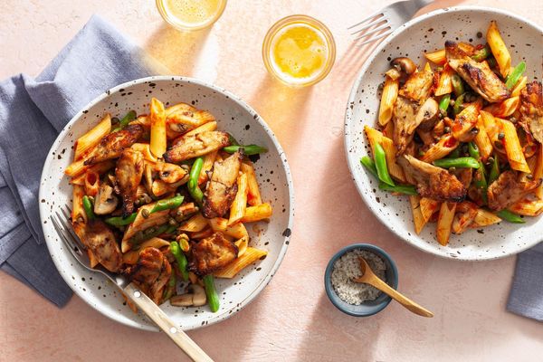 Spicy shrimp penne arrabbiata with mushrooms and green beans