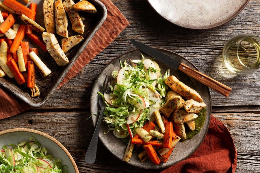 Sheet pan chicken and root vegetables with spicy green harissa