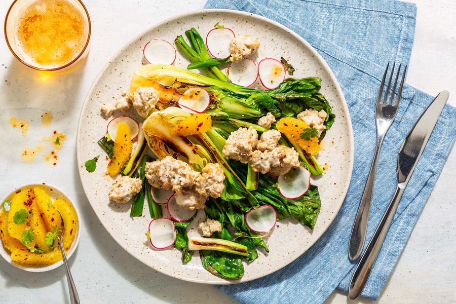 Cashew-lime glazed chicken with bok choy and orange salsa