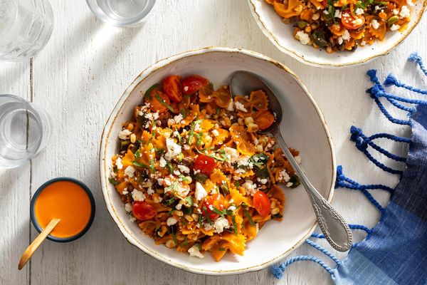 Bow tie pasta salad with black beans, fresh corn, and queso fresco