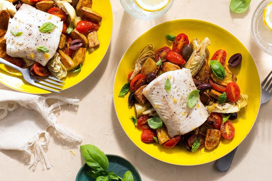 Mediterranean-style cod with artichoke hearts and Kalamata olives