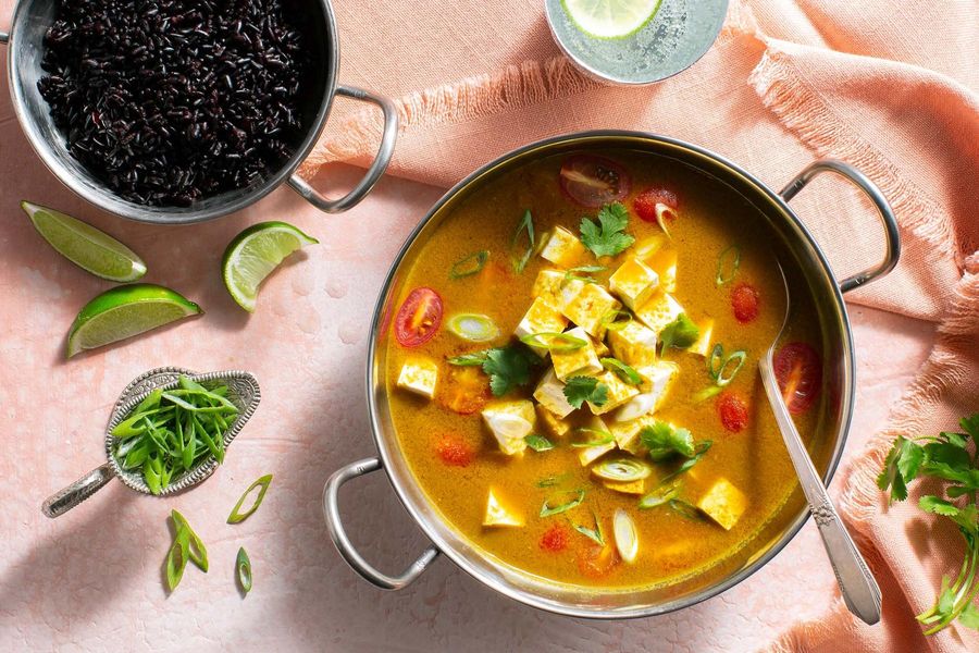 Madras coconut curry with tofu, tomatoes, and black rice