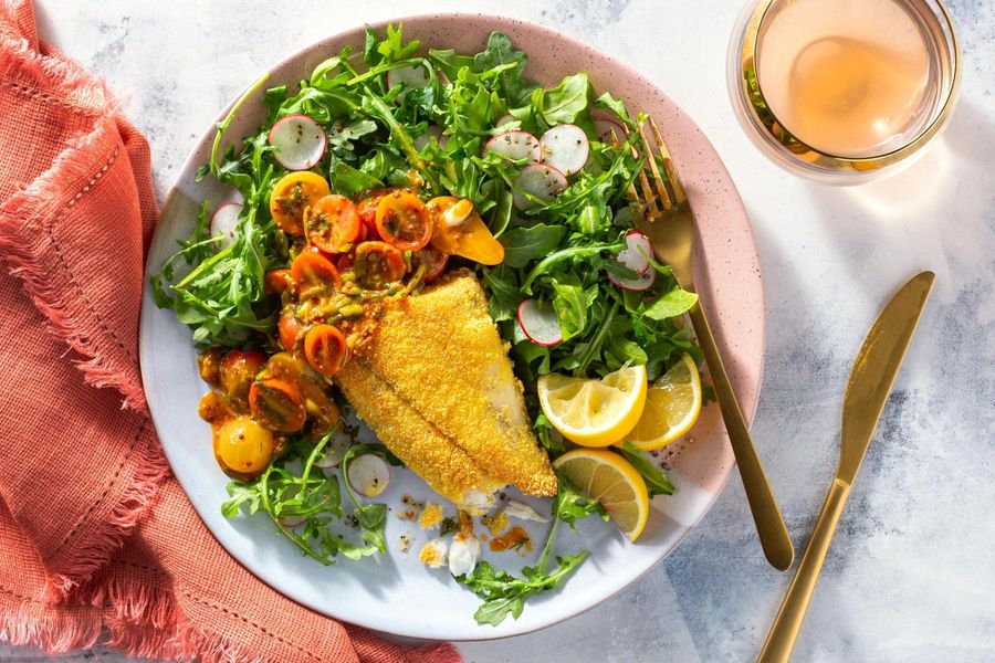 Cornmeal-crusted barramundi with spicy tomato-dill rémoulade