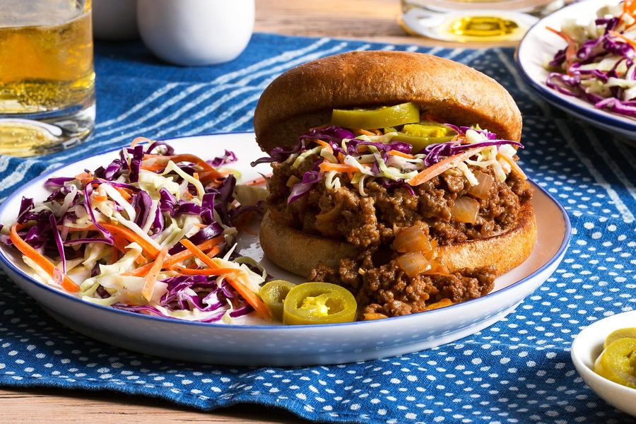 Beef sloppy joes with pickled jalapeños and classic creamy coleslaw