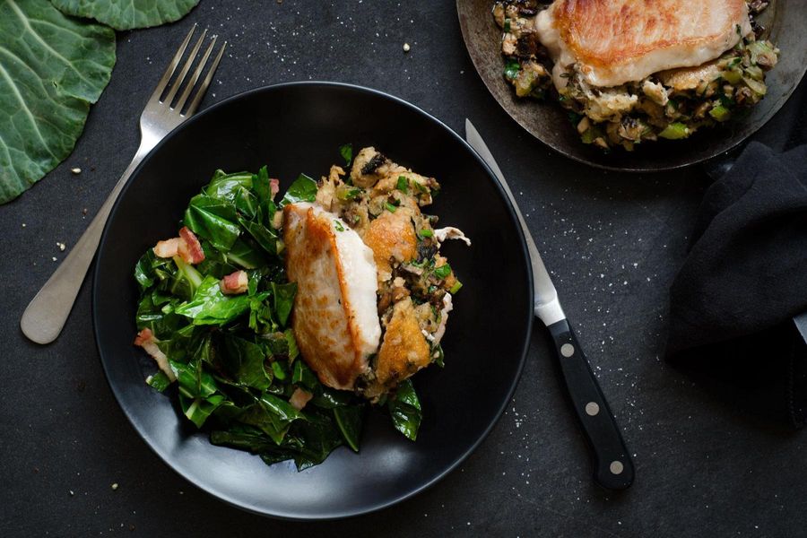 Stuffed pork loin with braised collards