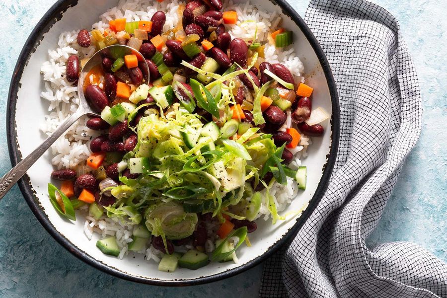 Spicy red beans and rice with Brussels sprout salad